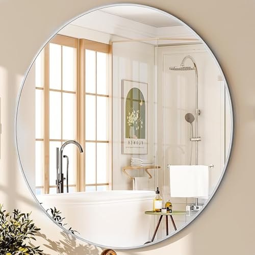 Genjitsu 鏡 壁掛けミラー 丸鏡 壁掛け鏡 洗面台 鏡 壁 洗面鏡 浴室 玄関 洗面所 鏡 化粧鏡 かがみ 円形 鏡 壁掛け 丸(ホワイト,直径40cm)