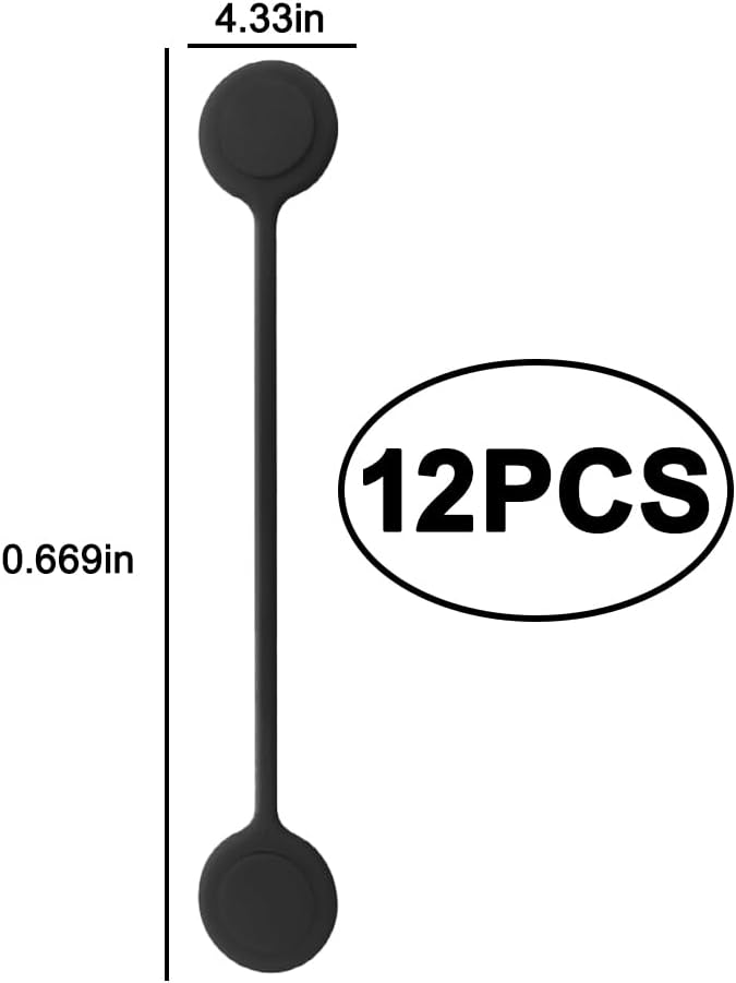 12PCS Reusable Silicone Magnetic Cable Ties, 4.3" Cord Wrap Ties for Cable Bundling, Organizing, Bookmarks & Fridge Magnets (Black)