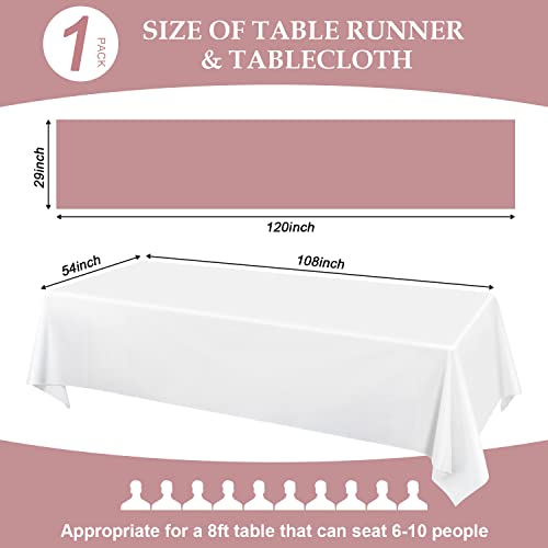 Qiksion White Tablecloth And Chiffon Table Runner Set Disposable Plastic Table Cover Dining Table Cloths Decorations For Wedding Bridal Shower Anniversary Party Supplies (White, Dusty Rose) #TOP2