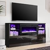 LUXOAK Fireplace TV Stand for TVs up to 75', Modern High Gloss Entertainment Center with 40' Fireplace, 4 Shelves & Storage Cabinets, Media Console Table 68 Inches, Black