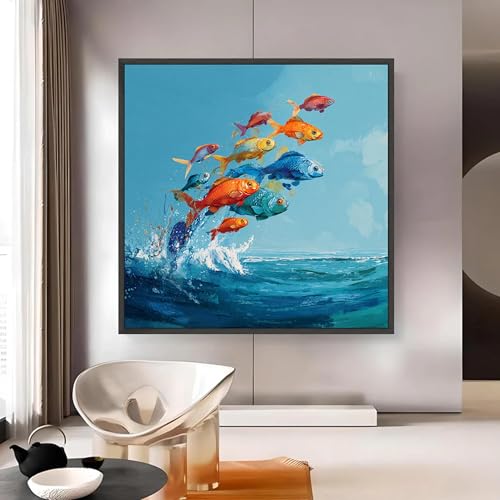 Tableau sur toile poisson coloré 50x50cm art abstrait marine sans cadre