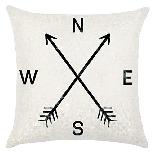 VOGOL Cotton Linen Square Throw Pillow Case for Office, Decorative Durable Cushion Cover Home Decor Throw Pillowcase, Arrow Compass North South West East Pattern, 18 x 18 Inch