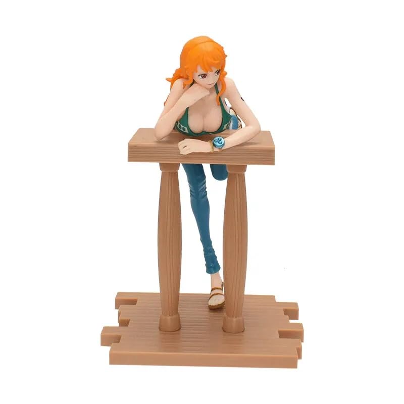 Image of One Piece Nami Grandline Journey Style Action Figure | 17cm Nami Figure Leaning Pose in Green Bikini & Tight Blue Jeans with Wooden Base Figure for Table & Desk Decor, Gift For Anime Fans