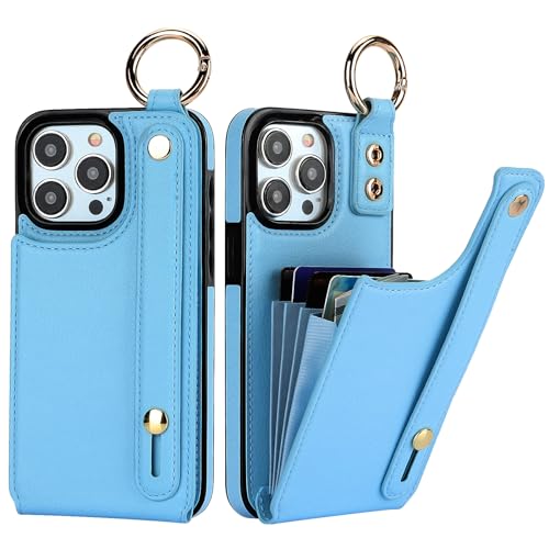 Folosu for iPhone 15 Pro Max Wallet Case with Card Holder, Hand Wrist Strap Loop Holder Kickstand, RFID Blocking Finger Grip Ring PU Leather Double Buttons Shockproof Cover 6.7