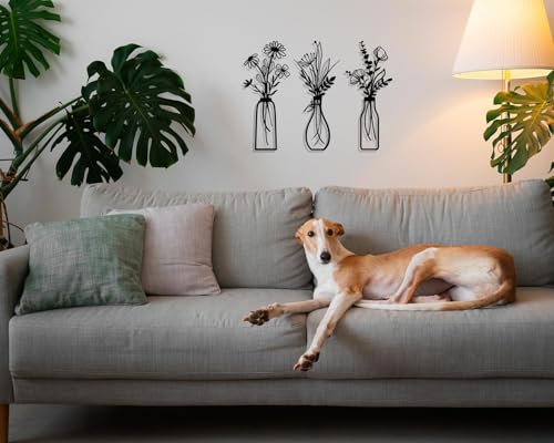 3 Stück Metall Blumen Wanddekoration Schwarz, Wanddeko Metall Blumenvasen Rustikale Wandkunst Dekor für Wohnzimmer Schlafzimmer Flur Esszimmer, Minimalistische Wandbilder Art Wanddeko Vintage Stil