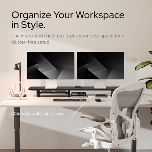 KIVY Dual Monitor Riser With Integrated Metal Shelf [MADE BY HAND] - Wooden Desk Shelf for 2 Monitors - Wide Long Stand for Desk (44 x10x3in - Black)