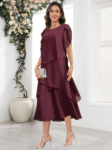 Tea Length Mother of The Bride Dresses Chiffon A-Line Short Sleeve Formal Evening Gown4