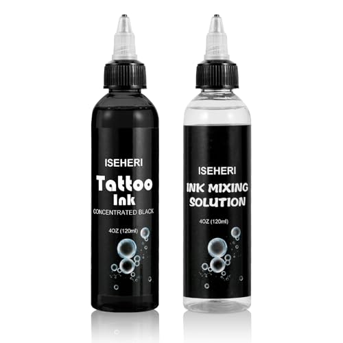 ISEHERI Premium Make Your Own Greywash Tattoo Ink Set Includes Two 4 oz Bottles of Professional Black Tattoo Ink and Tattoo Mixing Solution for Tattoo Artists