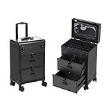 3 in 1 Rolling Makeup Case, Professional Cosmetology Case on Wheels with 2 Drawers, Ideal Gift for Hairstylist, Nail Techs, 3 Tiers Portable Beauty Organizer Case for Travel or Salon Use, Black