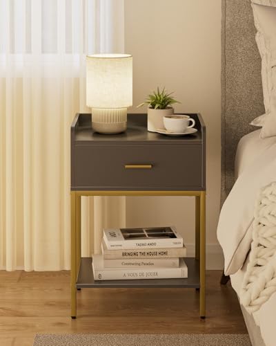Image of Masupu Gray Nightstand,3-Tier Modern Bedside Table Night Stand with Storage Drawer and Shelf,Small End Side Table for Bedroom,Living Room,(Without Outlet,)