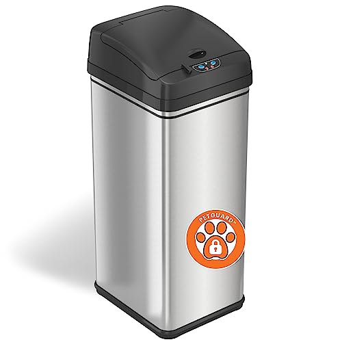 iTouchless 13 Gallon Dog Proof Trash Can with Odor Filter, Stainless Steel Kitchen Trashcan Motion Sensor Large Capacity Slim Wastebasket Garbage Bin for Home Office Bedroom Work Living Room Garage by iTouchless - Used condition - US$56.51