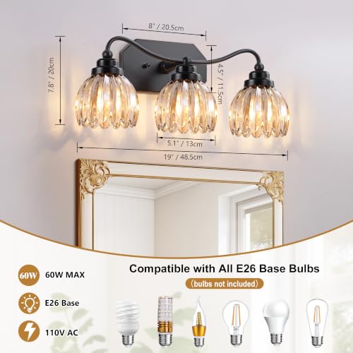 Image of 3 Light Vintage Vanity Lights, Matte Black Finish