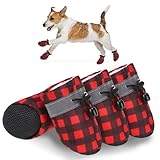 SCENEREAL Christmas Fleece Dog Shoes for Small Medium Dogs, Anti-Slip Sole Puppy Boots & Paw Protectors with Reflective Straps Red Plaid Warm Soft Outdoor Walking Indoor Hardfloors, Size 3