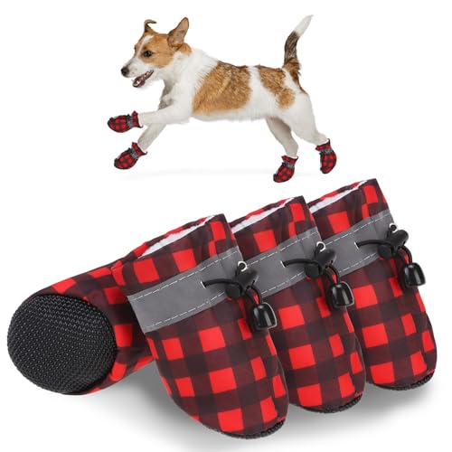 SCENEREAL Christmas Fleece Dog Shoes for Small Medium Dogs, Anti-Slip Sole Puppy Boots & Paw Protectors with Reflective Straps Red Plaid Warm Soft Outdoor Walking Indoor Hardfloors, Size 3