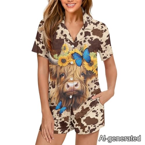 Image of Renewold Women's Short Sleeve Pajama Set Button Down Sleepwear with Notch Collar Soft Lounge Top and Shorts with Pockets