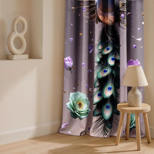 Image of Ultimate Trends Room Darkening Digital Printed Peacock Prints Curtain 65-70% Opacity,Diamond Eyelets, Tie Back, 7 FEET Pack of 2,Pewter Gray & Black