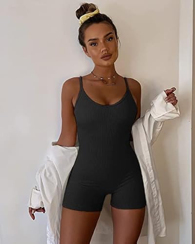 Picaurshe Women Yoga Ribbed Jumpsuit One Piece Spaghetti Strap Tummy Control With Padded Sports Bra Romper #TOP2