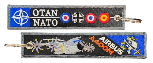 Tacro Porte-clés militaire NATO | OTAN, A400M, broderie décorative, design double face, noir et bleu