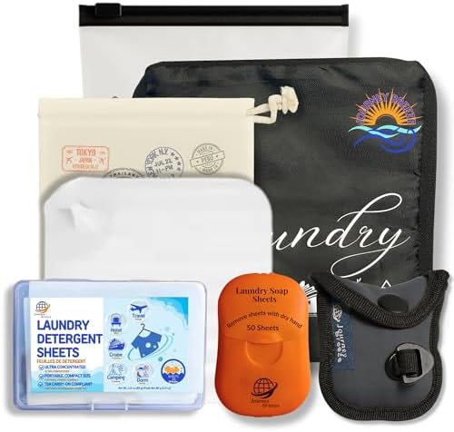 Travel Laundry Detergent Sheets Kit – 2-Size Travel Detergent Sheets + Lightweight Clothesline, Universal Sink Stopper & Foldable Laundry Bag Great for Hotels, Cruises, Camping & Trips