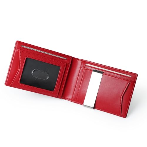 Image of Slim Bifold Wallet for man with Money Clip - RFID Blocking, Multiple Credit Card Pockets - Sleek and Versatile Design - Genuine Leather - Ideal for Cash and Cards (Carbon Fiber Black - Red)