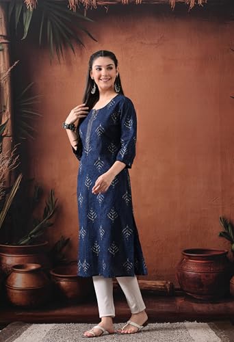 Image of Ichaa Women's Pure Cotton Embroidered Round-Neck Ethnic Kurta with 3 /4th Sleeve for Daily and Office Wear, in Plus Sizes