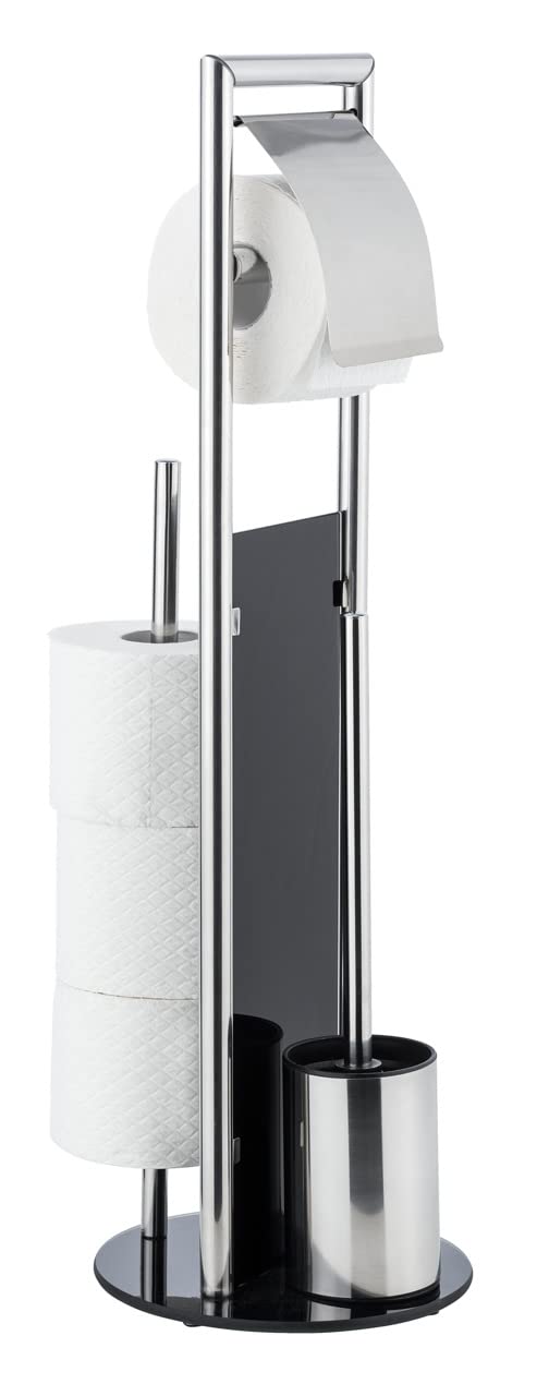 WENKO Stand WC-Garnitur Mod. Ravina Edelstahl 3in1 mit Toilettenpapierhalter und Bürstenhalter inkl Bürste Ø 20 x 70 cm Farbe Silber glänzend und Schwarz