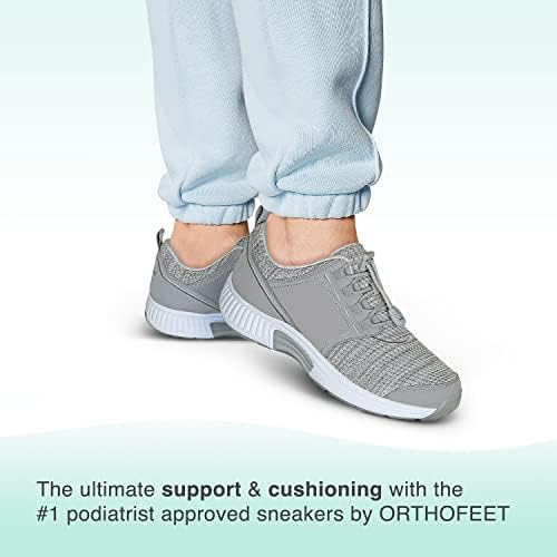 Orthofeet Women's Orthopedic Grey Knit Francis No-Tie Sneakers, Size 10 | Image 1