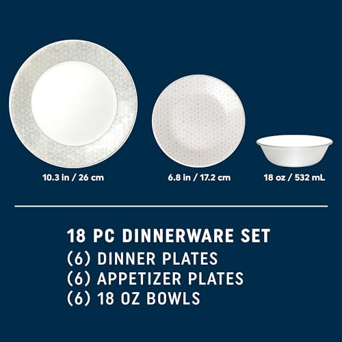 Corelle Vitrelle 18 Piece Glass Dinnerware Sets Service for 6, Triple Layer Chip & Crack Resistant Glass Plate and Bowl Sets, Knox