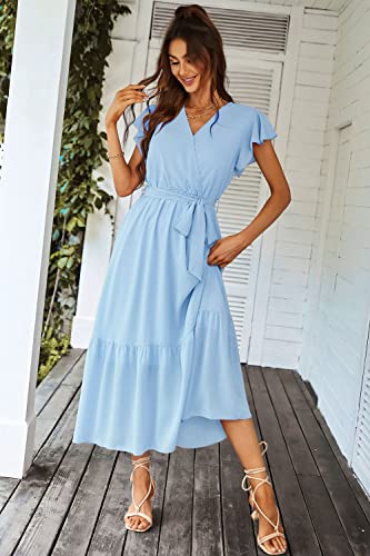 Image of PRETTYGARDEN 2023 Women's Floral Summer Dress V Neck Short Sleeve Ruffle Hem A-Line Boho Maxi Dresses