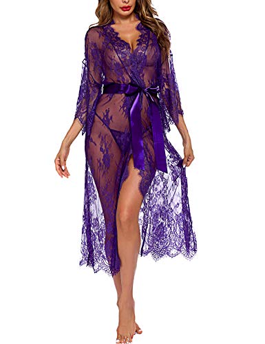Avidlove Women Sexy Long Lace Lingerie Kimono Robe Sheer Babydoll Nightgown Nightdress Purple thumb #3