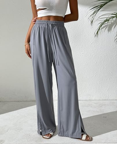 Women's Summer Pants Cool Silky Comfy Wide Leg Split Stretch Casual Lounge Beach Trouser with Pockets4