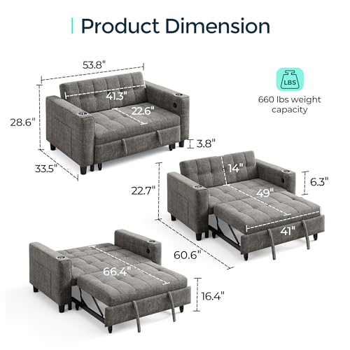 LINSY 54" Pull Out Couch with Charging Station, Small Sleeper Sofa Bed with Cup Holder, 3 in 1 Convertible Loveseat Sleeper Couch for Apartment, Dorm Room, Bedroom and Small Space, Gray by LINSY - Image 7