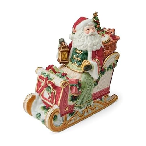 Fitz and Floyd Santa Crimson Holiday Ceramic Cookie Jar Christmas Treat Kitchen Countertop Storage Jar with Removable Lid 10 Inch