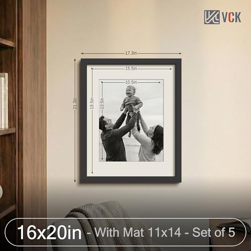 VCK 16x20 Picture Frames 5-Pack – Black Wood, Matted to 11x14, with Tempered Glass-Gifts for Living Room, Bedroom, Gallery Wall Hanging by VCK - Image 2