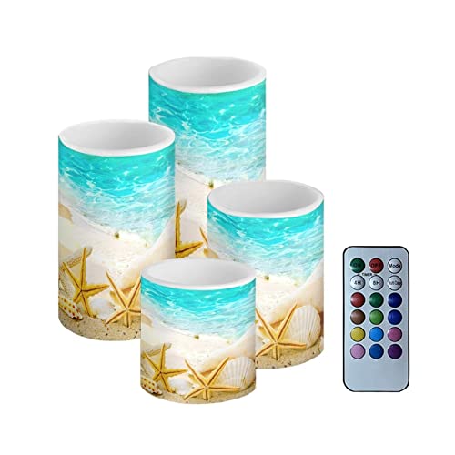 Image of Beach Starfish Seashell Flameless Light Candles Battery Powered with Timer Remote Color Chaging Pillar Fake Candles Pack of 4 for Wedding Home Outdoor Decor