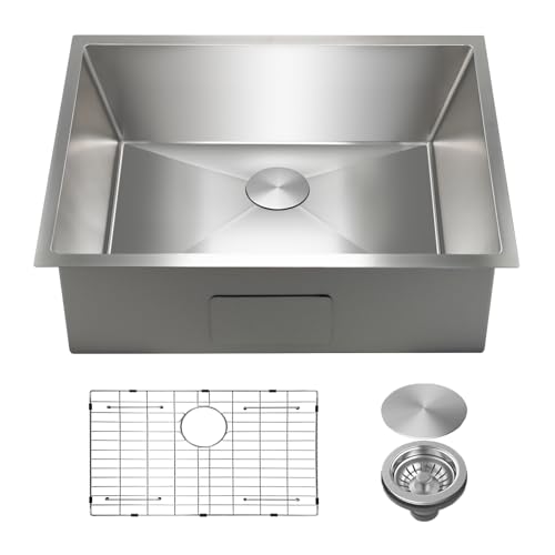 SANYCASA 24 Inch Undermount Kitchen Sink with Quiet Drain Bottom Grid - 11 Gauge Stainless Steel Single Bowl