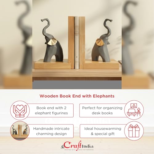 Image of eCraftIndia Wooden Book End and Set of 2 Cute Elephant Statues Animal Figurines Decorative Showpieces for Home Decor in Living Room Office