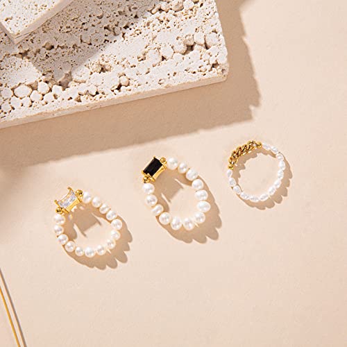 Pepeluali Freshwater Pearl Rings With White Zircon Stones - Fashion Cultured Baroque Pearl Stackable Rings, Adjustable Stretch Pearl Beaded Cute Ring Gift For Womens Girls #TOP5