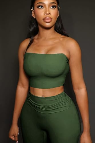 Image of Sexy Women's 2 Piece Lounge Sets Pajama Outfits Casual yoga Crop tube Top High Waist Wide Leg Foldover Flare Pants