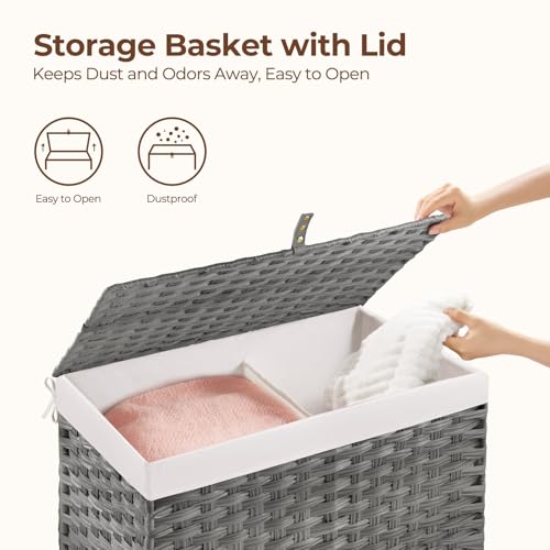 GREENSTELL Storage Basket with Lid, 17.2 Gallon(65L) Small Wicker Blanket Storage Basket with Handles, Foldable, 2 Removable Liner Bags, Metal Frame, for Bedroom, Laundry Room, Grey, 22.2"*13.4"*13.4"