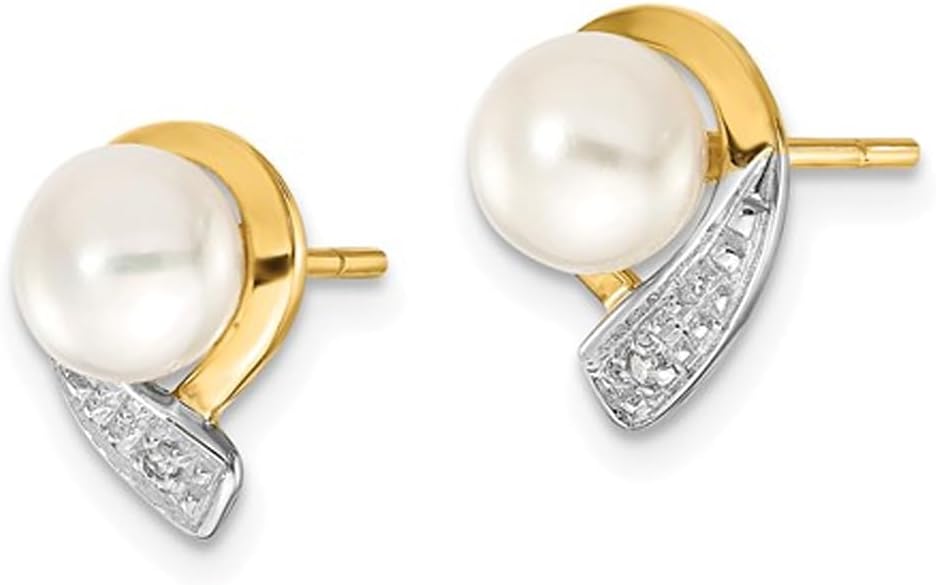 14K Yellow Gold Freshwater Cultured White Pearl 5-6mm Post Earrings with Accent Diamonds - Image 4