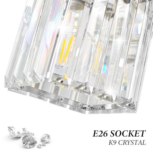 Image of Brushed Chrome Crystal Bathroom Vanity Light, 6-Light Modern Bathroom Lighting Fixtures Over Mirror,Chrome Wall Sconce Light Fixtures with Square Shade