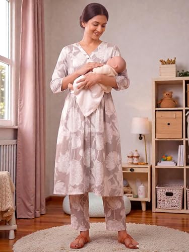 Image of RITIJYA Pure Cotton Feeding Kurta Pant Set for Women | Floral Anarkali Pregnancy Dress with Concealed Nursing Zipper Side Pocket | Pre & Post Partum | Maternity Dresses | Baby Shower Outfit