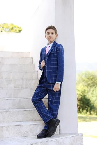 Swotgdoby Boys Suits 3 Pieces Formal Suit Set Plaid Blazer Vest Pants Slim Fit Suit Jacket For Wedding Party Blue thumb #4