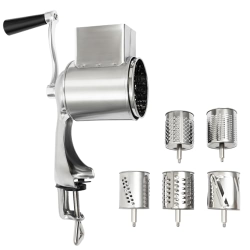 LKHDONG Rallador de tambor de acero inoxidable, cortador de verduras manual con 5 cuchillas de tambor, rallador de verduras, rallador de almendras, juego de rallador de patatas con manivela (con pinza