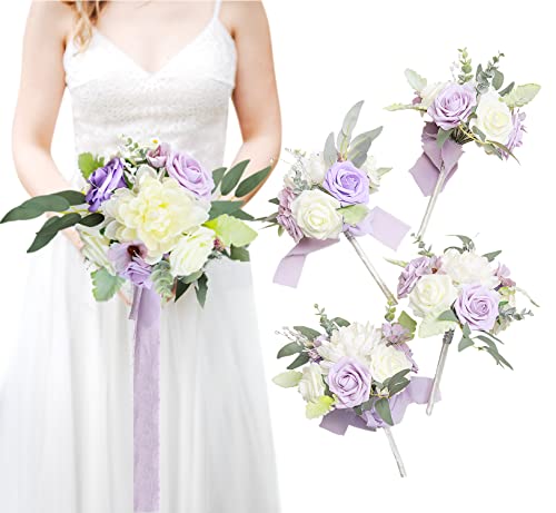 Aivanart Lavender Purple Artificial Flowers Bouquet Set Of 4 Bridesmaid Bouquets For Wedding Rustic Small Floral Centerpieces For Wedding Decorations Proposal Party Anniversary #TOP15