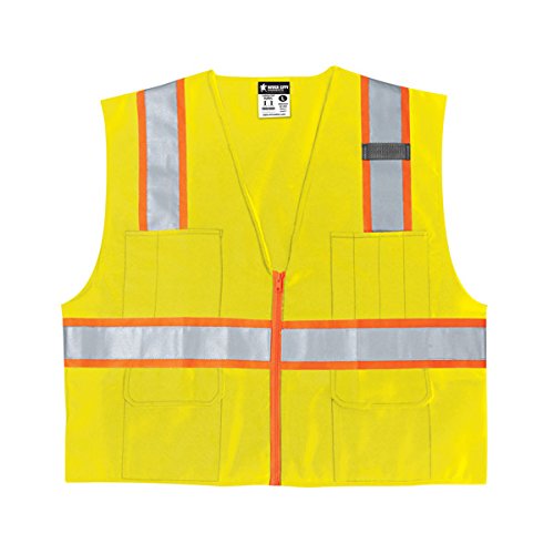 MCR Safety SURVLXL Class 2 Polyester Safety Vest with 3M Scotchlite 3-Inch Orange and 2-Inch Silver Reflective Stripe, Fluorescent Lime, X-Large
