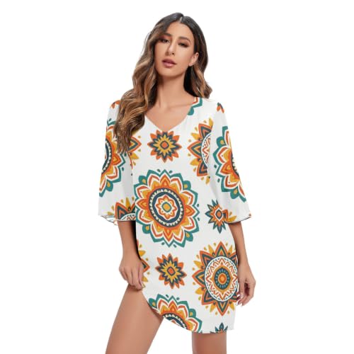 Robe trapèze en mousseline de soie à col en V motif tribal soleil pour femme
