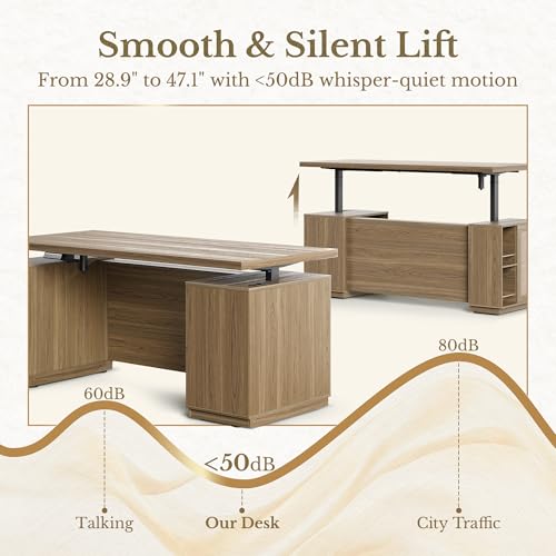 Perledesign Home Office Furniture Set, 70\" Standing Desk with 4 Drawer File Cabinet and 73\'\' Bookcase, Executive Desk with AC/USB, Tall Bookshelf with Drawers, Rattan Style Natural Oak - Thumbnail 4