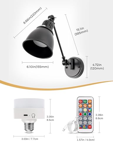 Image of DORESshop Wall Sconces Set of 2, Rechargeable Wall Lights with 350 Rotation, Dimmable Battery Operated Wall Sconce, Wireless Wall Mount Light for Bedroom, Living Room(2 Pack Black)